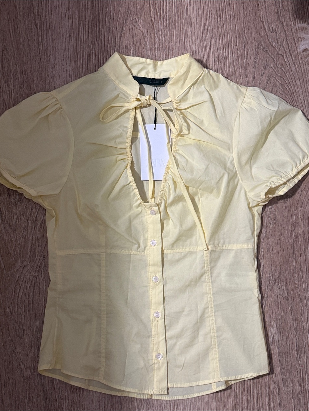 Zara Pale Yellow Tie-Neck Puff Sleeve Blouse